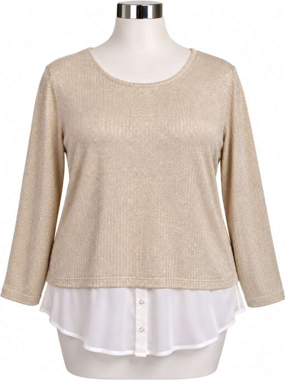 Calvin Klein 2X Metallic Gold Layered Sweater Top Chiffon Hem Long Sleeve